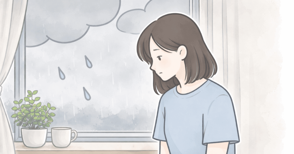 雨や低気圧の日に、自律神経が揺らぎやすいと感じる日の気分をやさしいタッチで表したイラスト